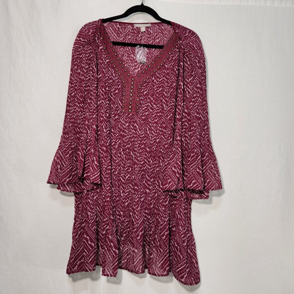 WOMAN WITHIN Flowy Crinkle Pink/White Studs Bell Sleeve Tunic Blouse Top Size 2X